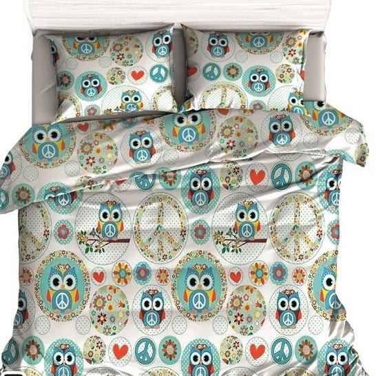 Pościel bawełniana 100x135 Sowy Miętowa 024