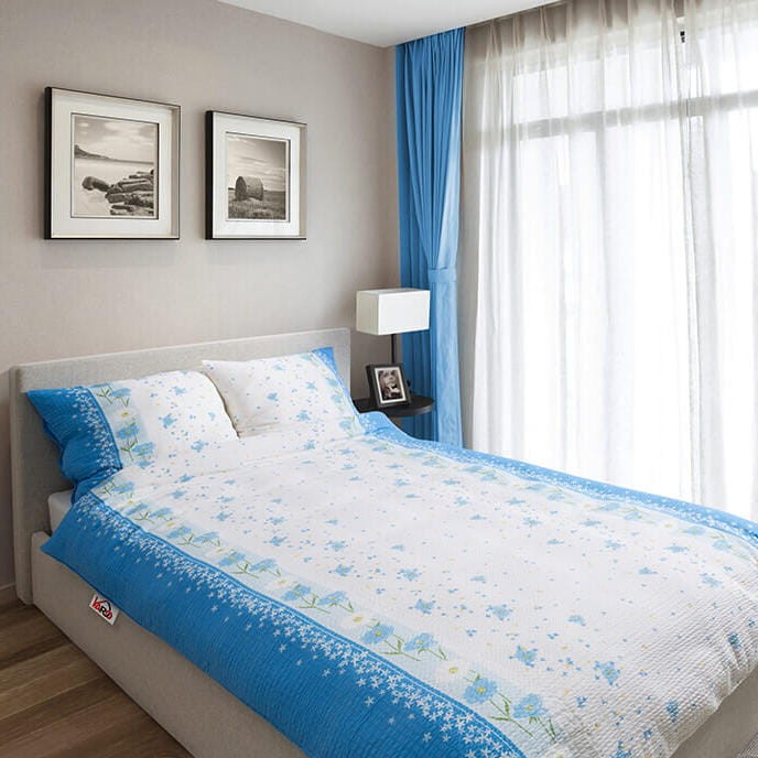 Pościel z kory 160x200 Niebiesko biała kwiatki guziki