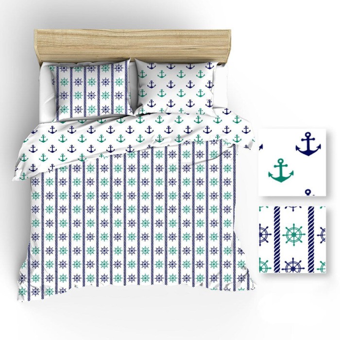 Pościel bawełniana 140x200 dwustronna Kotwice Stery Biała