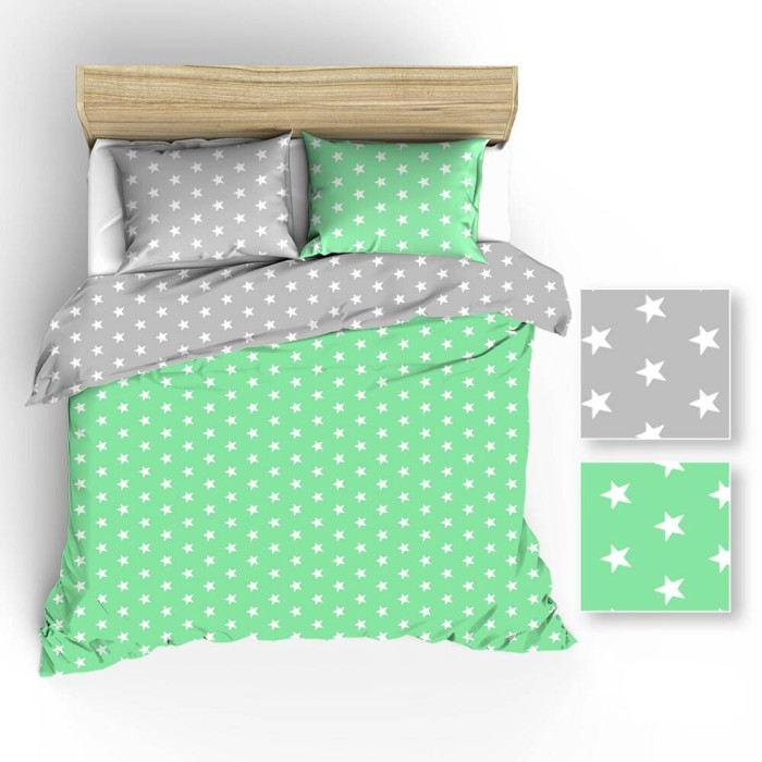 Pościel bawełniana 140x200 dwustronna seledynowa szara Gwiazdki