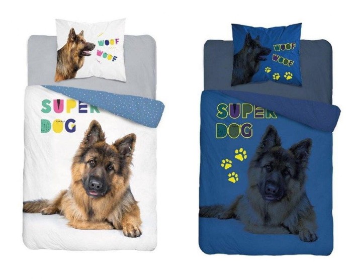 Pościel świecąca w ciemności 160x200 Biała Niebieska Pies Owczarek Niemiecki Bawełniana-2