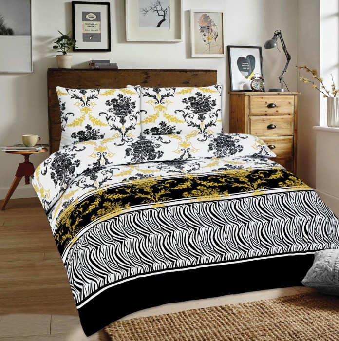 Pościel flanelowa 220x200 Zebra Biała Czarna Żółta Bukiety 1