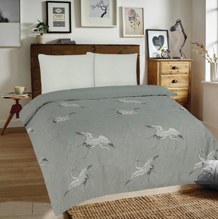 Pościel flanelowa 220x200 Szara Biała Żurawie 1