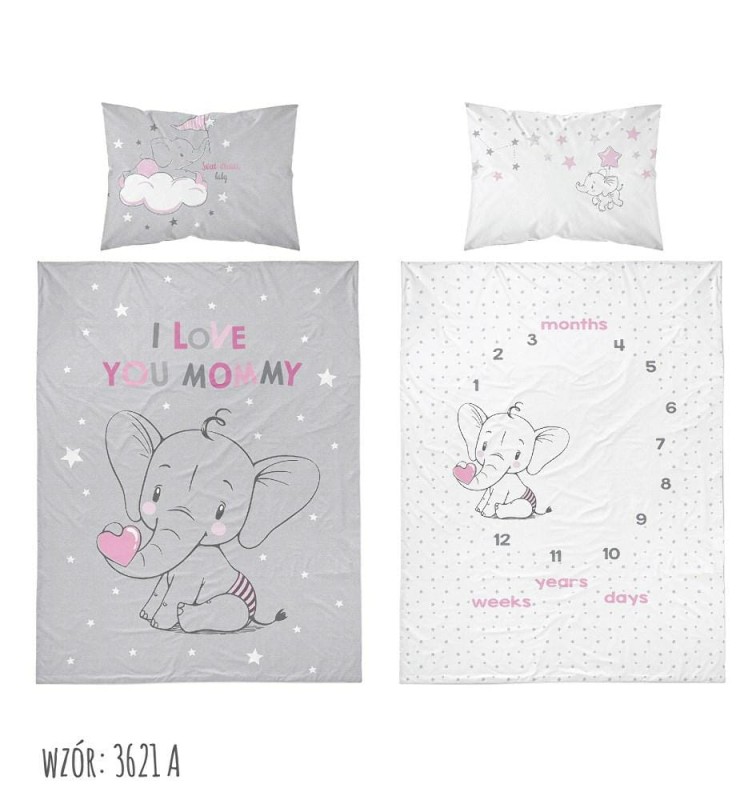 Pościel bawełniana 90x120 Szara Różowa Słonik Kids 1 dziecięca-1