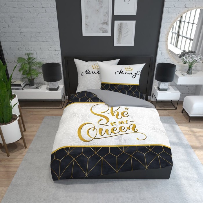 Pościel bawełniana 220x200 Biała Czarna She is my Queen Geometria Glamour-1
