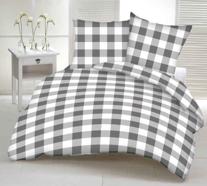 Pościel z kory 180x200 Biała Szara Kratka bawełniana gruba na guziki-1