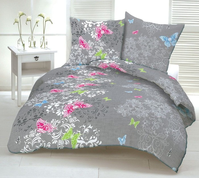 Pościel z kory 200x220 Szara Kolorowe Motylki Ornament bawełniana na guziki-1