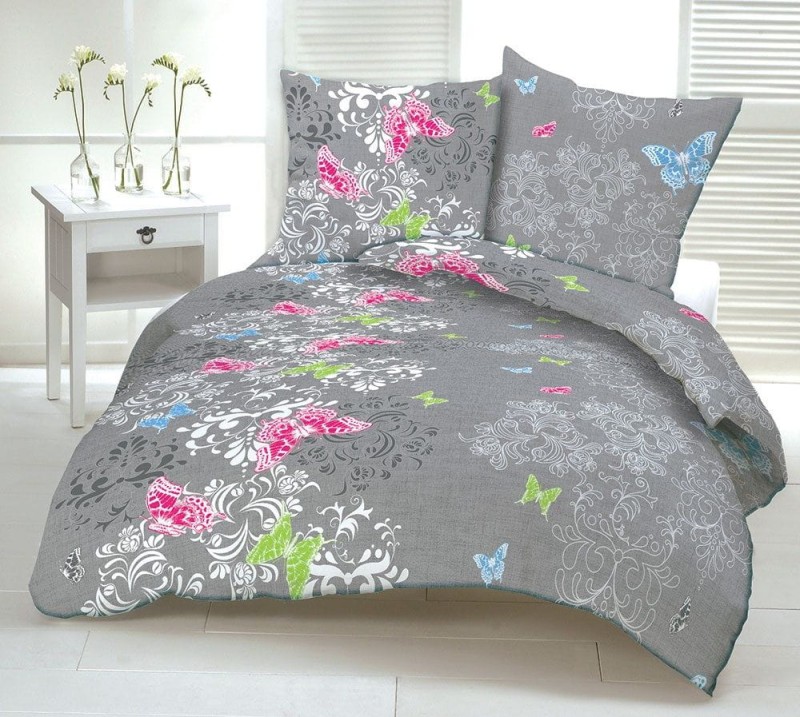 Pościel z kory 200x220 Szara Kolorowe Motylki Ornament bawełniana na guziki-1