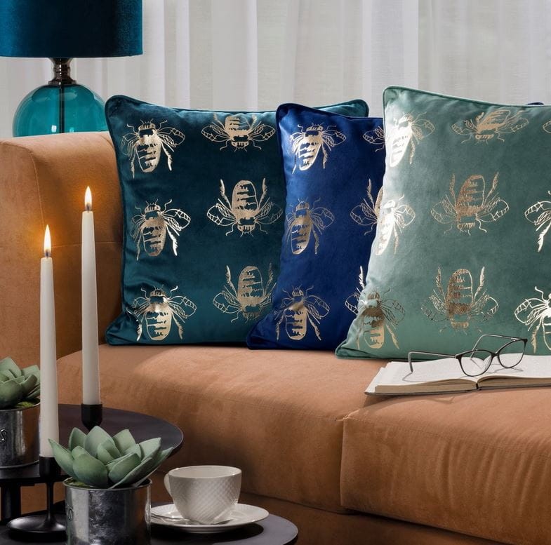Poszewka dekoracyjna 45x45 Blink Zielona Ciemna Złota Pszczoły Welwetowa-3