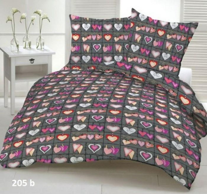 Pościel z kory 180x200 serca szara fioletowa 100% bawełna na guziki-1