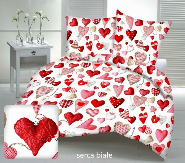 Pościel z kory 180x200 walentynkowa serca biała czerwona 100% bawełna na guziki-1
