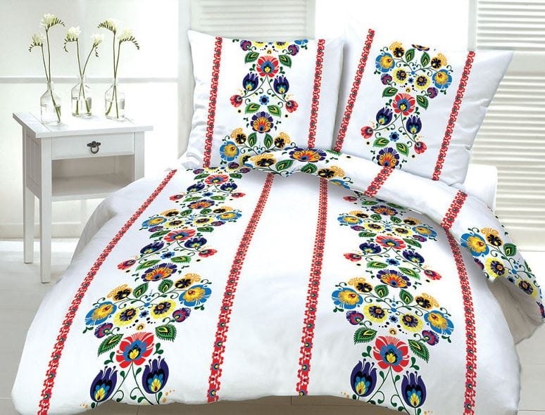 Pościel z kory 200x220 biała kolorowa Łowicka kwiatki bawełna na guziki-1