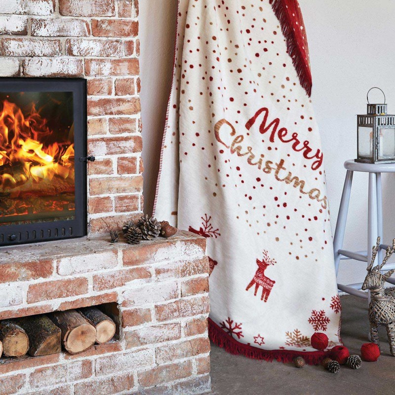 30604Koc bawełniany akrylowy 150x200 Świąteczny Merry Christmas czerwony kremowy 22154A Darymex-1
