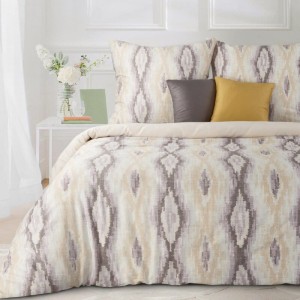 Pościel satynowa 160x200 kremowa wrzosowa geometria Nika-1