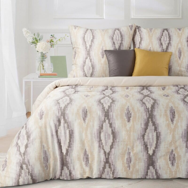 Pościel satynowa 160x200 kremowa wrzosowa geometria Nika-1