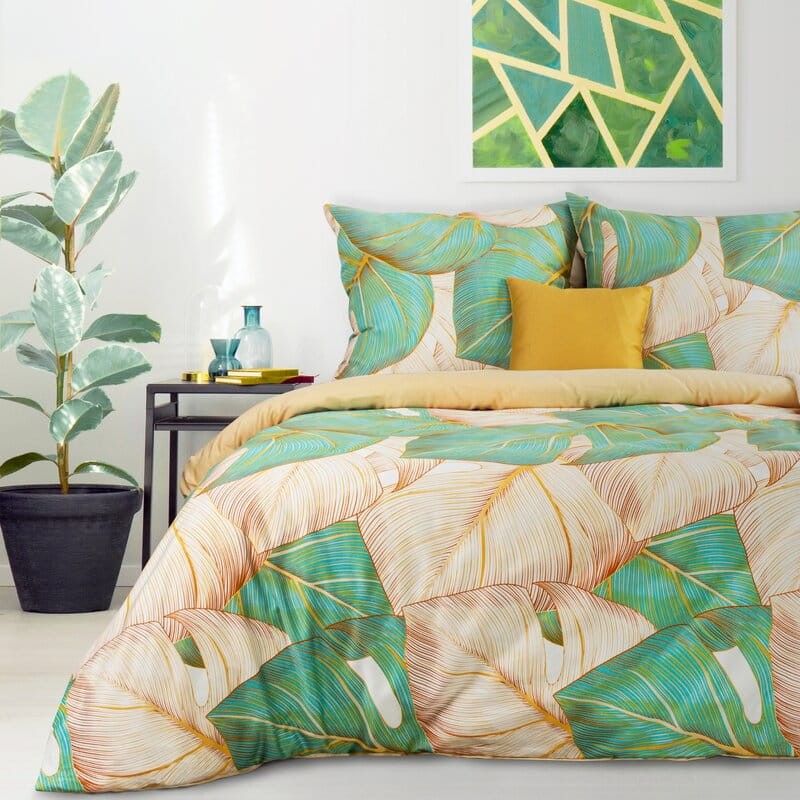 Pościel satynowa 160x200 liście beżowa zielona Nelly-1