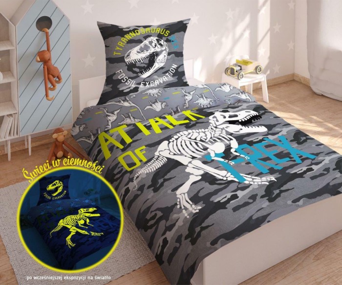 Pościel świecąca w ciemności 140x200 Dinozaury T-Rex szkielet moro bawełniana dwustronna-1