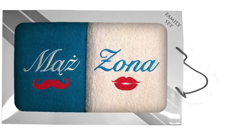 Komplet ręczników w pudełku 2 szt. 70x140 Usta Wąsy Mąż Żona Turkusowy Kremowy-1