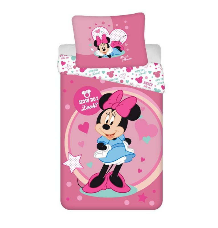 Pościel dziecięca 140x200 Myszka Mini Mouse różowa amarantowa w groszki poszewka 70x90-1