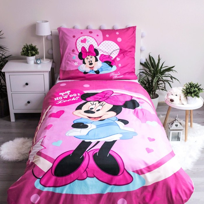 Pościel dziecięca 140x200 Myszka Mini Mouse różowa amarantowa w groszki poszewka 70x90-2