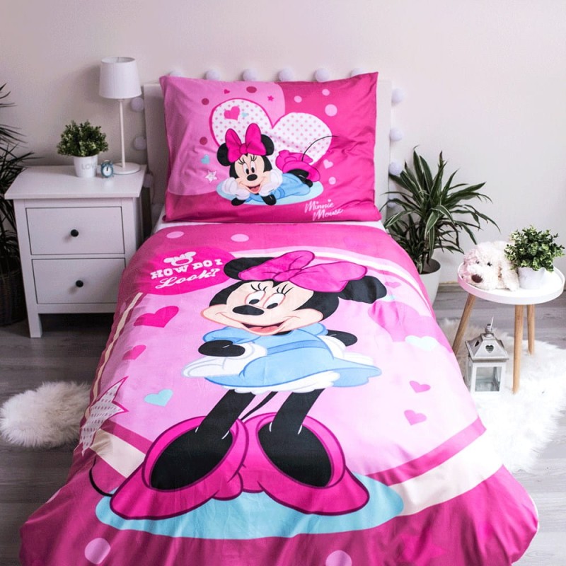 Pościel dziecięca 140x200 Myszka Mini Mouse różowa amarantowa w groszki poszewka 70x90-2