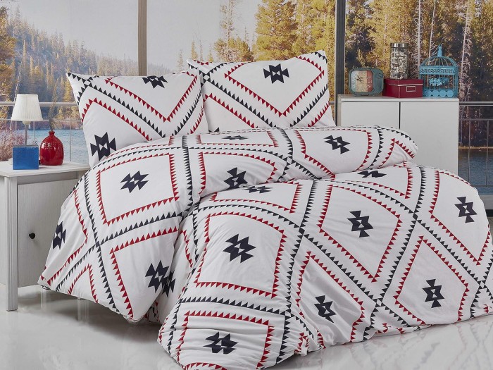 31913Pościel bawełniana 160x200 Kilim biała czerwona czarna geometria Exclusive 2-1