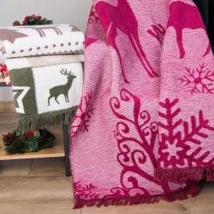 Koc bawełniany akrylowy 150x200 Świąteczny bordowy renifery 16675A -3