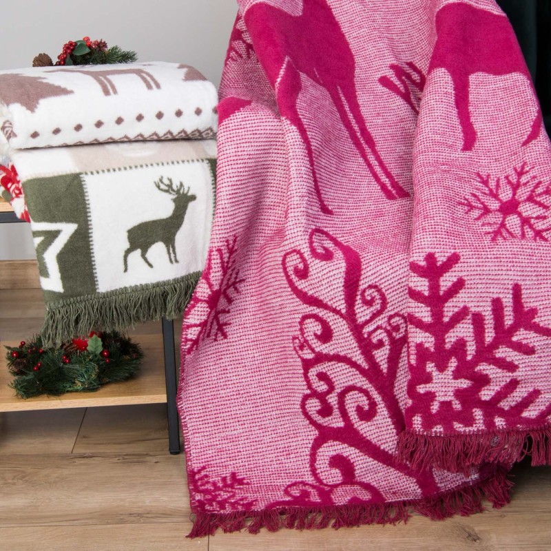 Koc bawełniany akrylowy 150x200 Świąteczny bordowy renifery 16675A -3