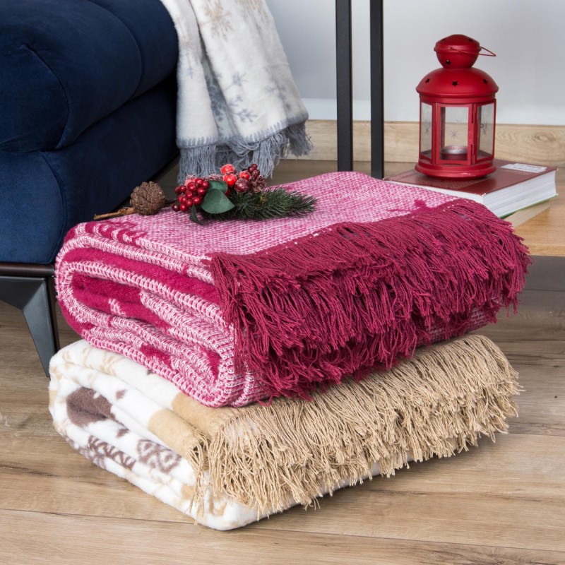 Koc bawełniany akrylowy 150x200 Świąteczny bordowy renifery 16675A -4