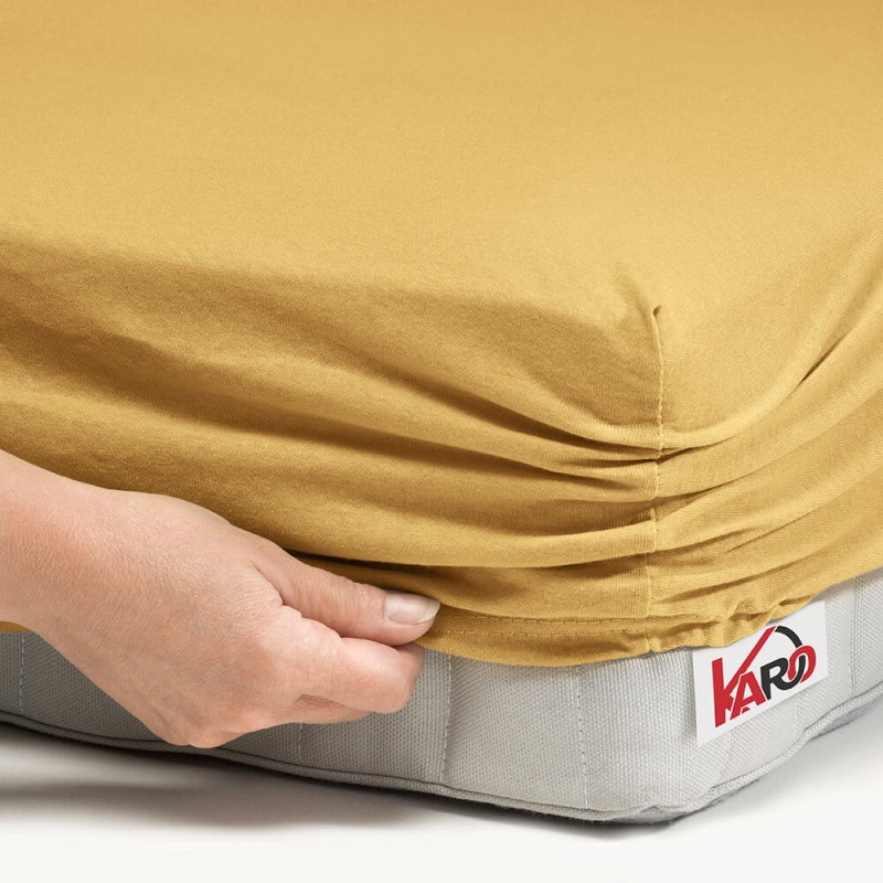 32326Prześcieradło jersey z gumką 90x200 musztardowe piaskowe 056 grube 150g/m2 KARO-2