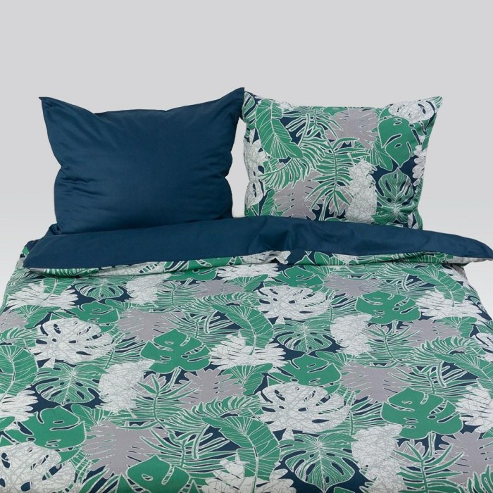 32479Pościel satynowa 160x200 Prestige 28 18805/2 zielona granatowa liście monstera-1