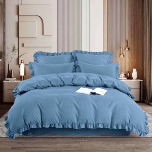 Pościel 160x200 3cz satynowa z falbanką niebieska Iris 08