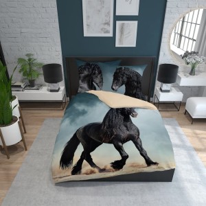 Pościel bawełniana 160x200 czarny koń beżowa Holland-3