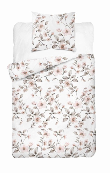 Pościel satynowa 140x200 Home Satin 80 kwiaty biała beżowa-2