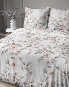Pościel satynowa 140x200 Home Satin 80 kwiaty biała beżowa-3