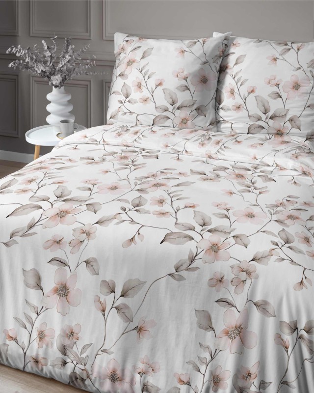 Pościel satynowa 140x200 Home Satin 80 kwiaty biała beżowa-3