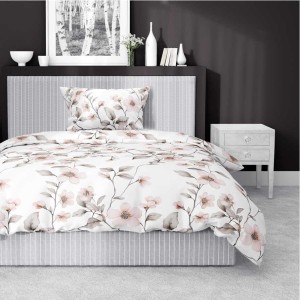 Pościel satynowa 140x200 Home Satin 80 kwiaty biała beżowa-1