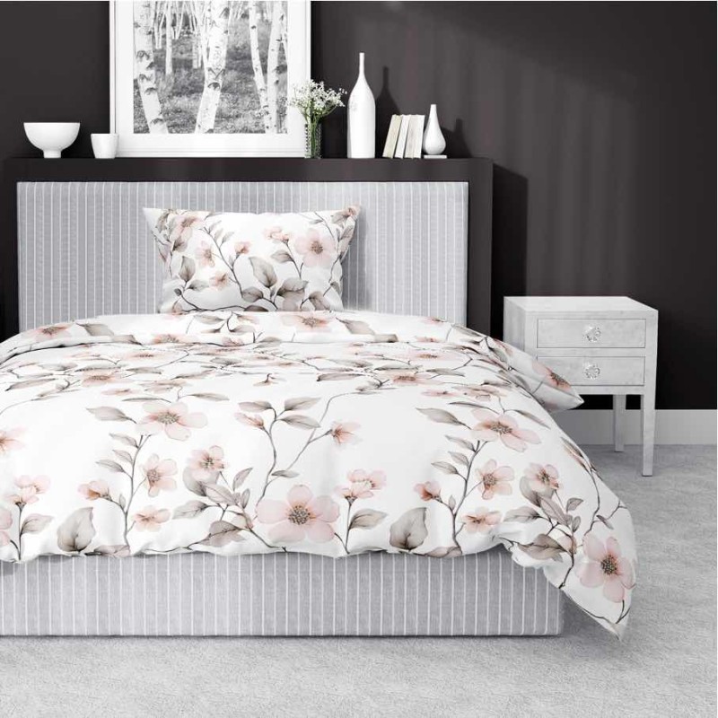 Pościel satynowa 140x200 Home Satin 80 kwiaty biała beżowa-1