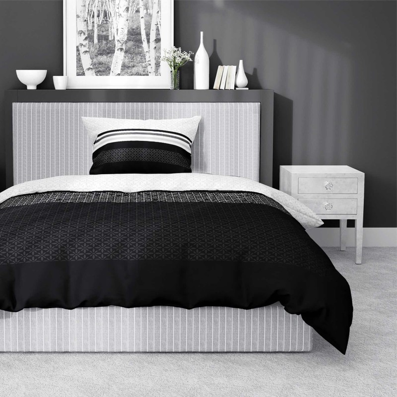 Pościel satynowa 140x200 Home Satin 80 geometryczna biała czarna-1