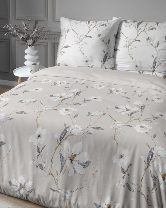 Pościel satynowa 160x200 Home Satin 80 kwiaty beżowa-3