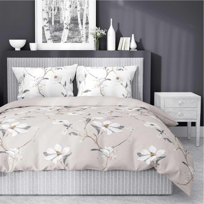 Pościel satynowa 160x200 Home Satin 80 kwiaty beżowa-1