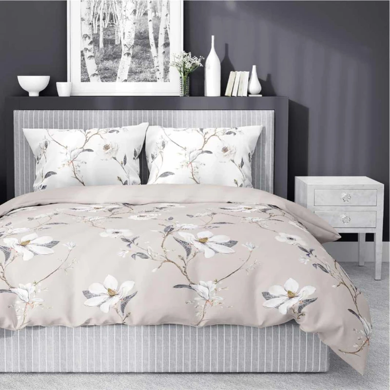 Pościel satynowa 160x200 Home Satin 80 kwiaty beżowa-1