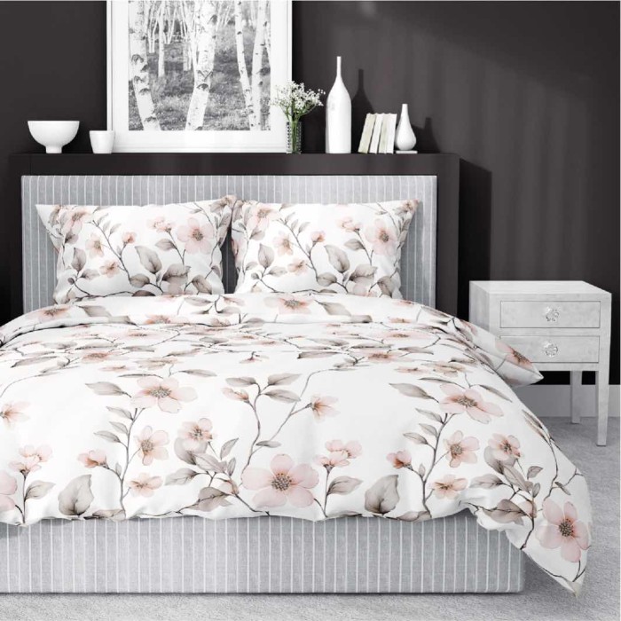 Pościel satynowa 220x200 Home Satin 80 kwiatki biała beżowa-1