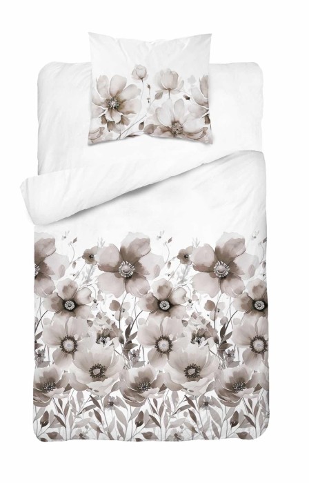 Pościel satynowa 140x200 Home Satin 81 biała beżowa kwiaty-2