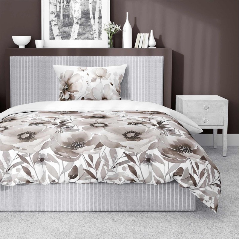 Pościel satynowa 140x200 Home Satin 81 biała beżowa kwiaty-1