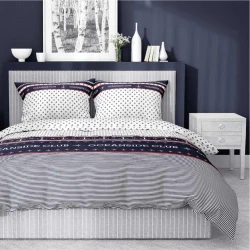 Pościel satynowa 220x200 Home Satin 81 biała granatowa kotwice marynarska