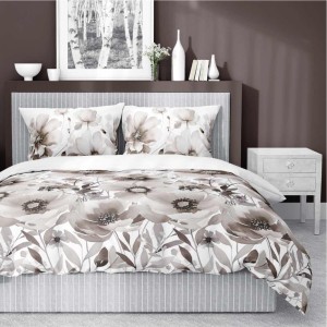 Pościel satynowa 220x200 Home Satin 81 biała beżowa kwiaty-1