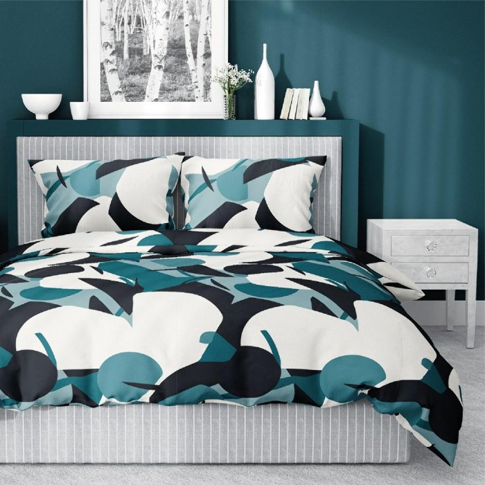 Pościel satynowa 160x200 Home Satin turkusowa biała geometryczna-1