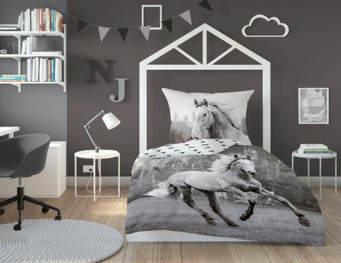 Pościel bawełniana 140x200 młodzieżowa koń w galopie czarna biała szara Holland-2