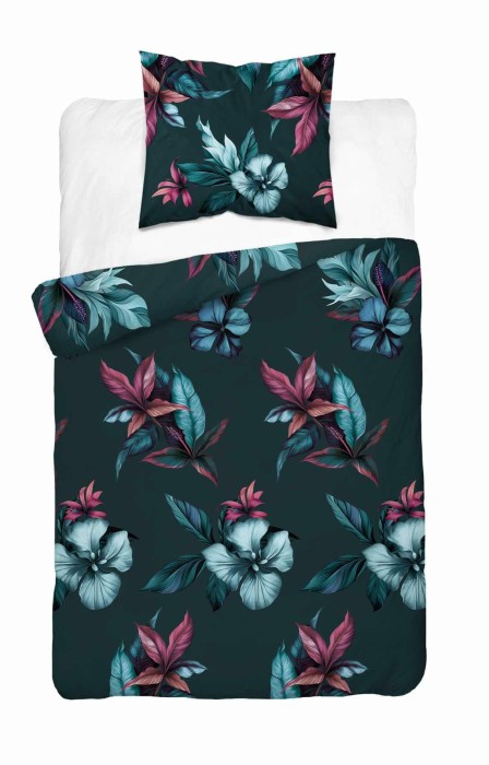 Pościel satynowa 140x200 Home Satin 54 zielona ciemna kwiaty-2